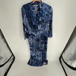 Chicos Graphic Floral Women Blue Black Preown Long sleeve Pleat Maxi Dress Small
